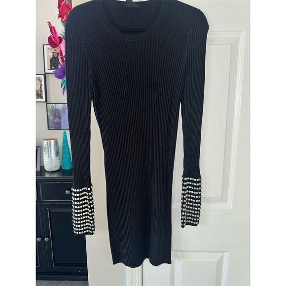 Alexander Wang Black Long Sleeve Bodycon Dress Crystal Cuffs Size L - Picture 7 of 11